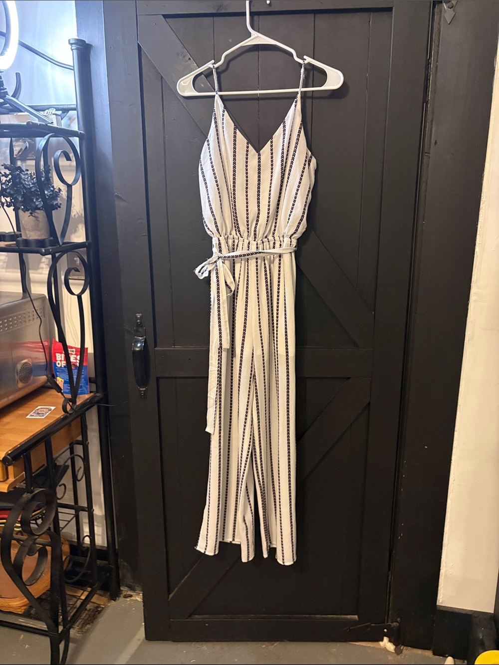 one clothing White Striped V-Neck Jumpsuit with Black Trim